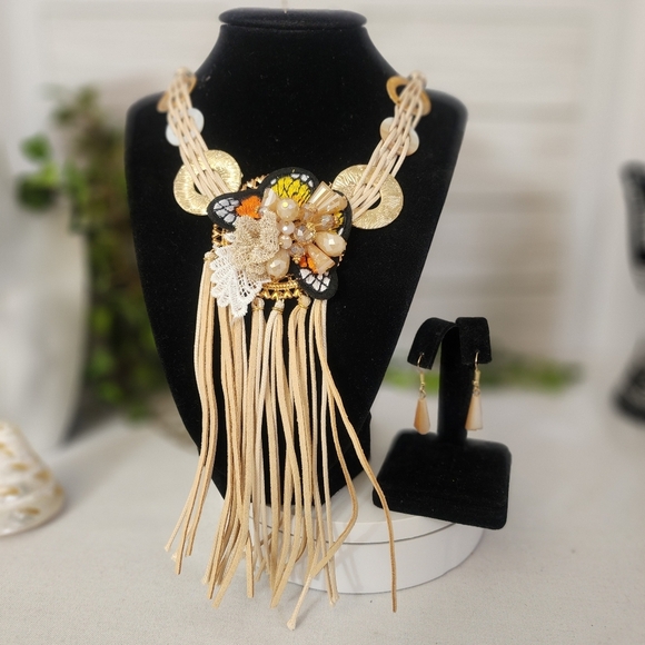 Unique Ivory Cord Multi Media Necklace AB Glass Earrings Set - Picture 1 of 13